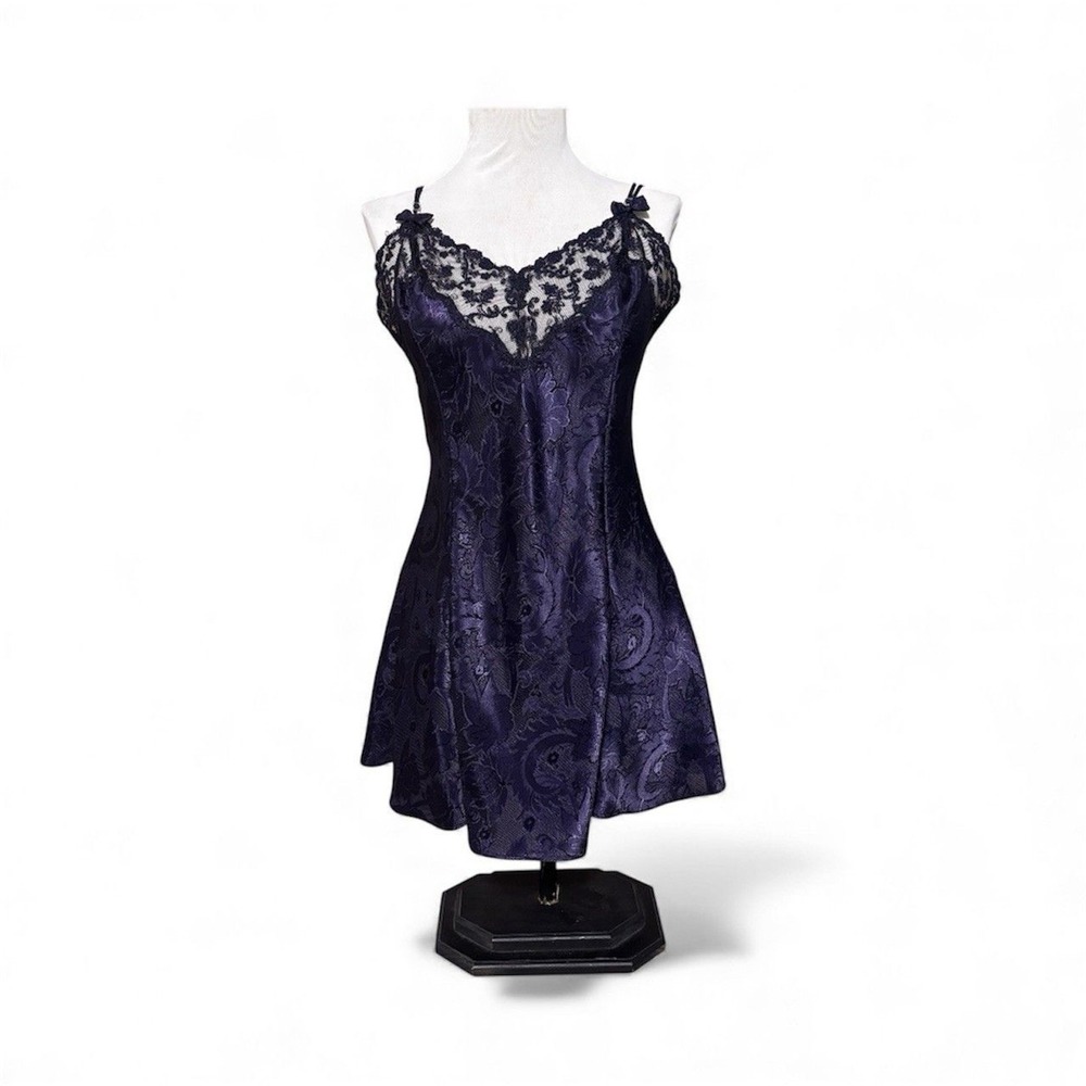 Vintage Victoria's Secret Navy Blue Jacquard Lace‎ Slip Chemise Dress Size M